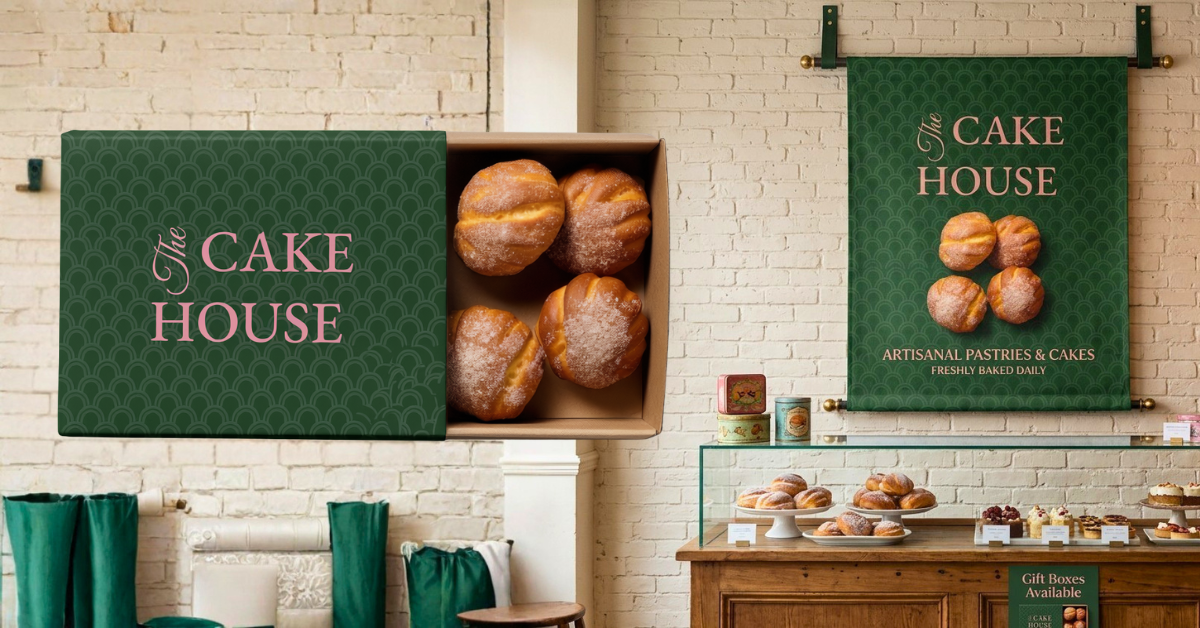 Printed bread packaging mockup next to a wall banner demonstrating UV hybrid print versatility