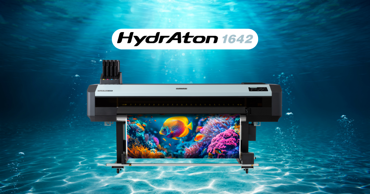 MUTOH HydrAton 1642 water-based UV ink roll-to-roll printer.